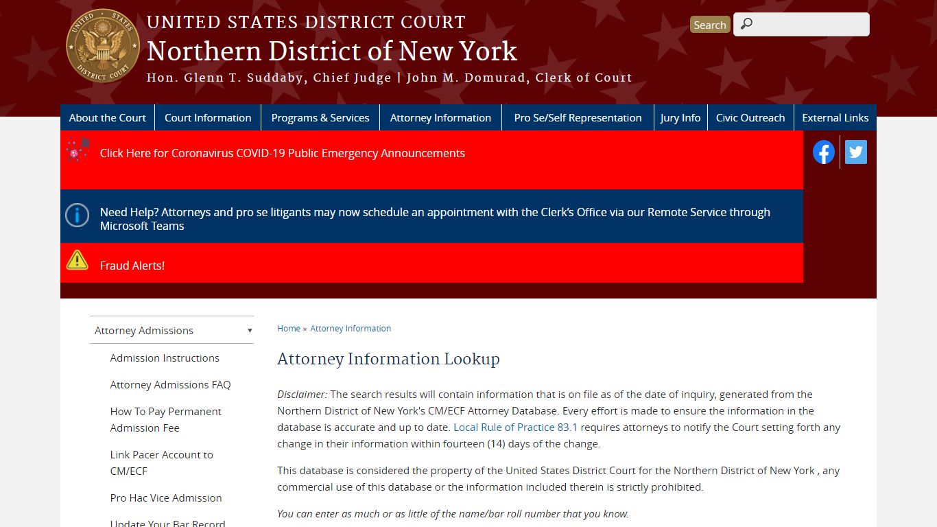 Attorney Information Lookup | Northern District of New York | United ...